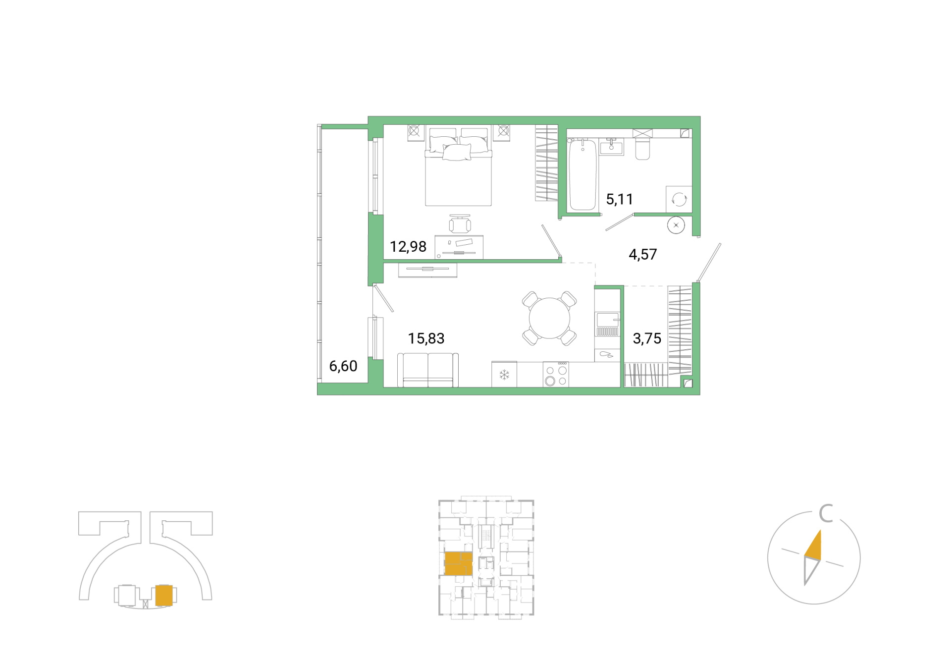 1-комнатная, 45.54 м², 2 / 25 эт. 