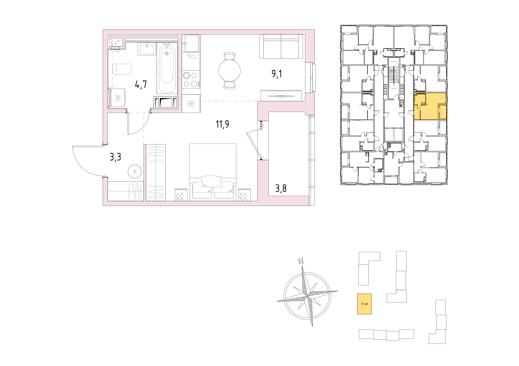 Студия, 30.9 м², 3 / 12 эт. 
