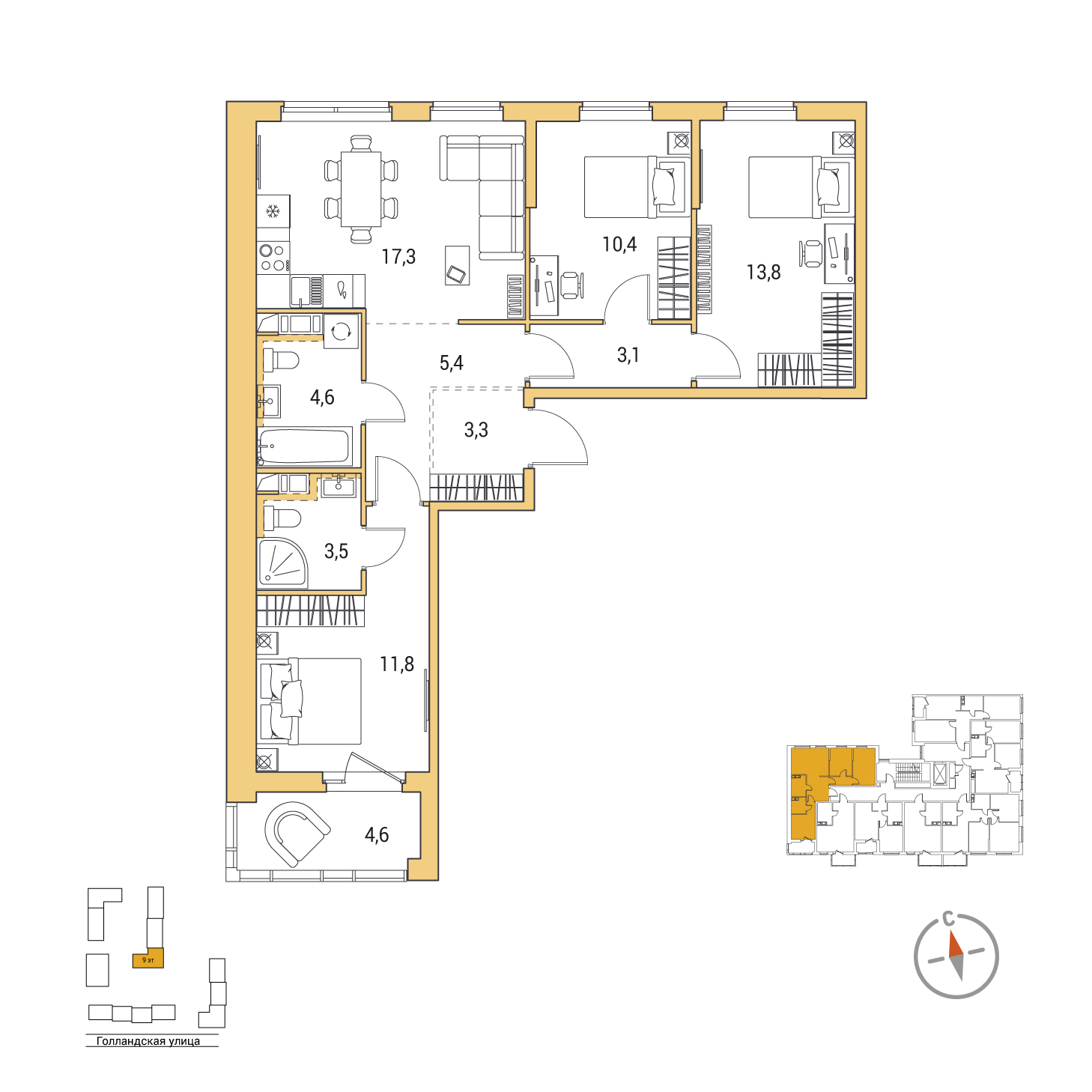 3-комнатная, 75.5 м², 2 / 9 эт. 