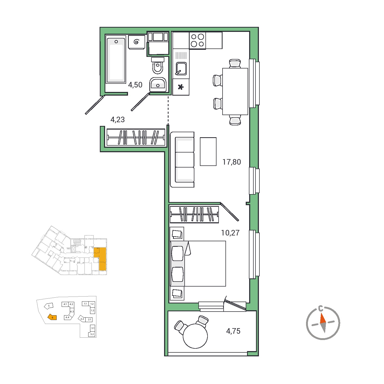 1-комнатная, 39.1 м², 3 / 7 эт. 
