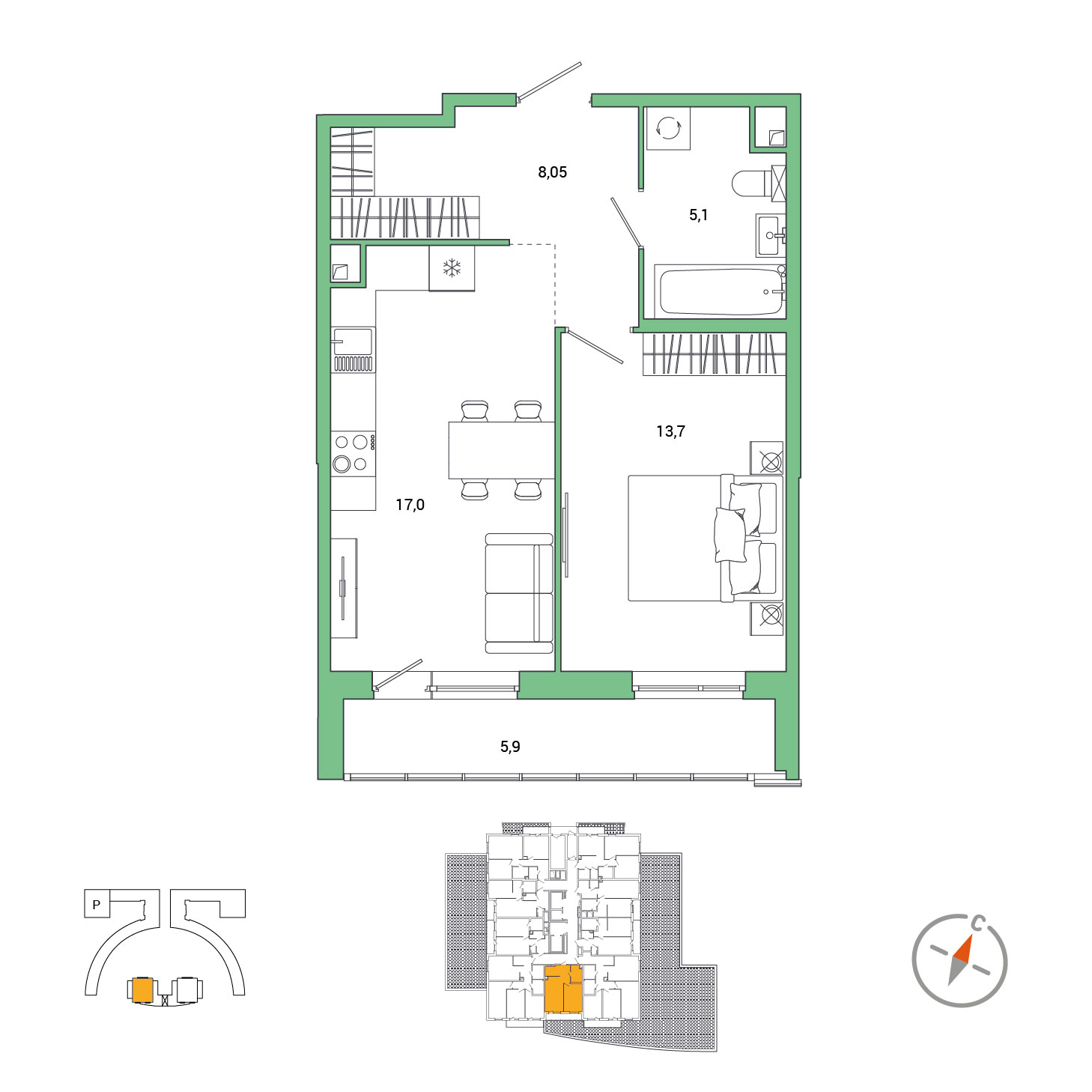 1-комнатная, 46.8 м², 2 / 25 эт. 
