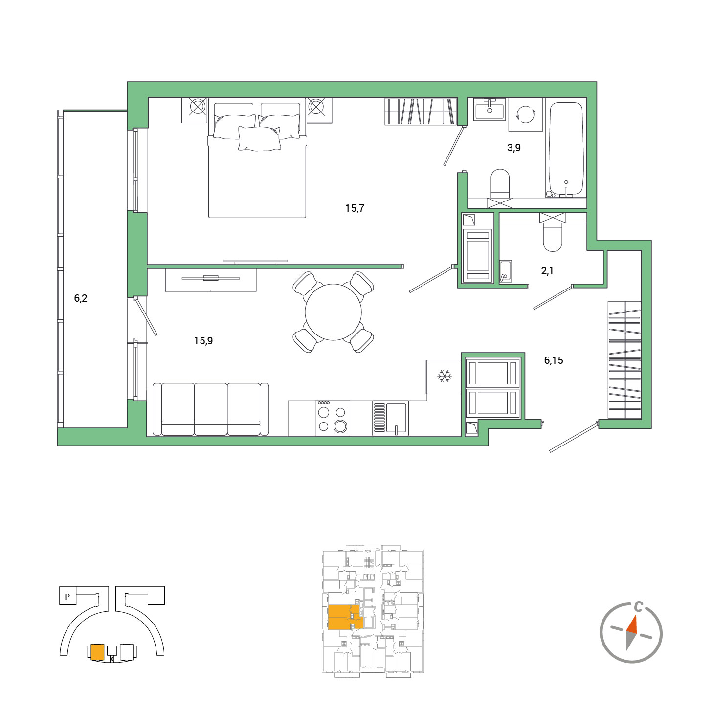 1-комнатная, 46.85 м², 23 / 25 эт. 