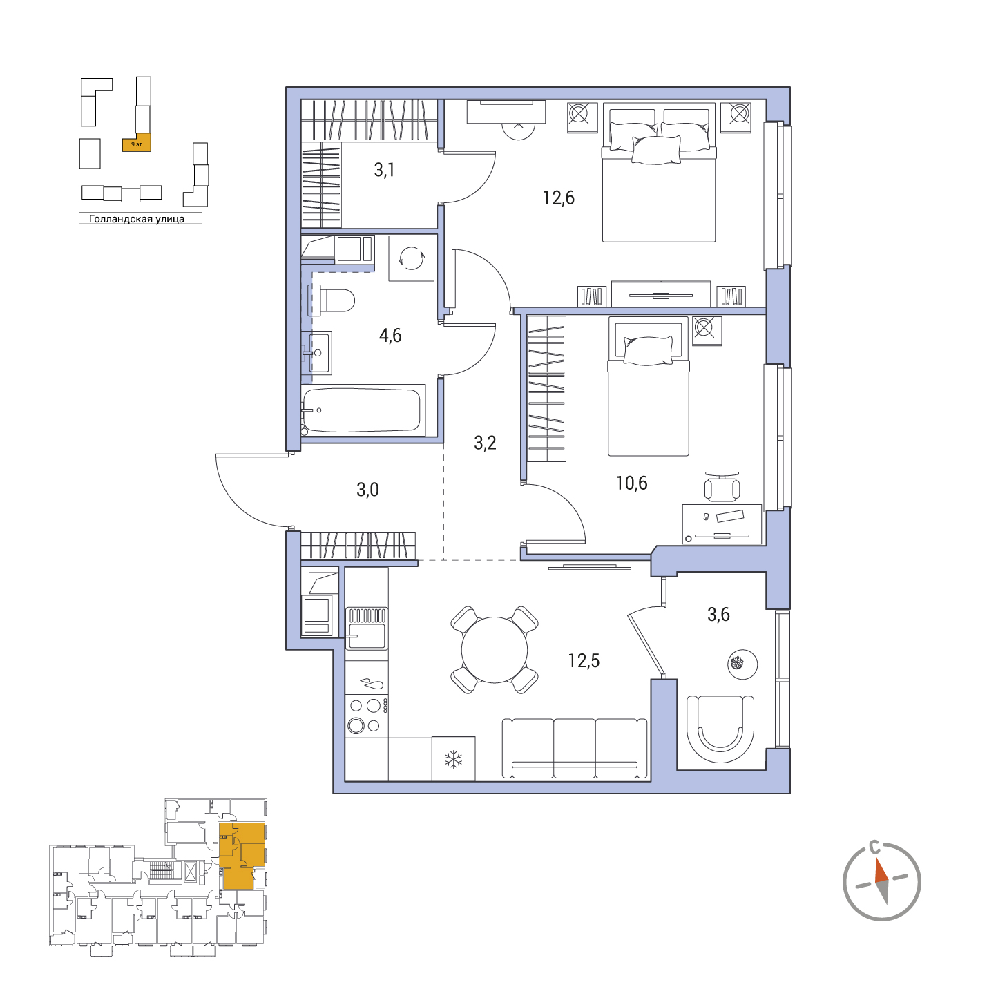 2-комнатная, 51.4 м², 8 / 9 эт. 