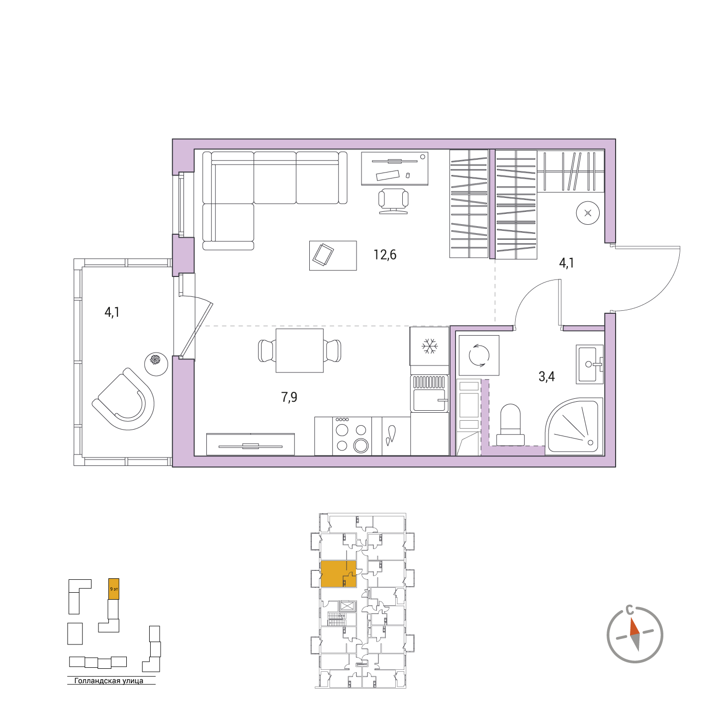 Студия, 29.2 м², 2 / 9 эт. 