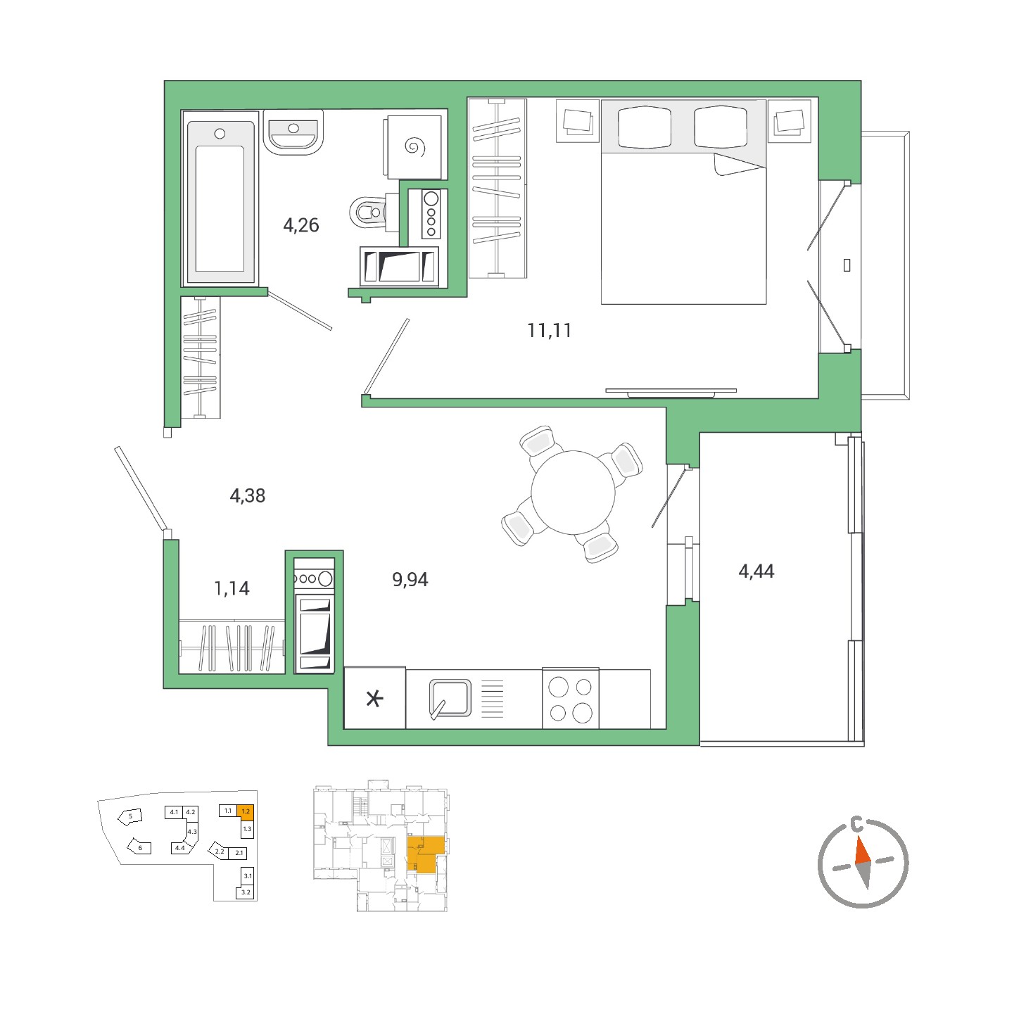 1-комнатная, 33 м², 6 / 11 эт. 